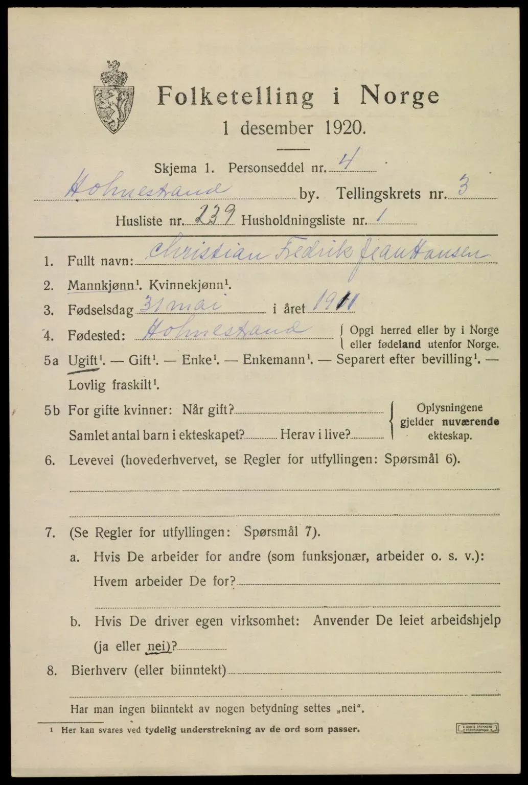 Folketellingen 1920 for husstanden i Apotekergården