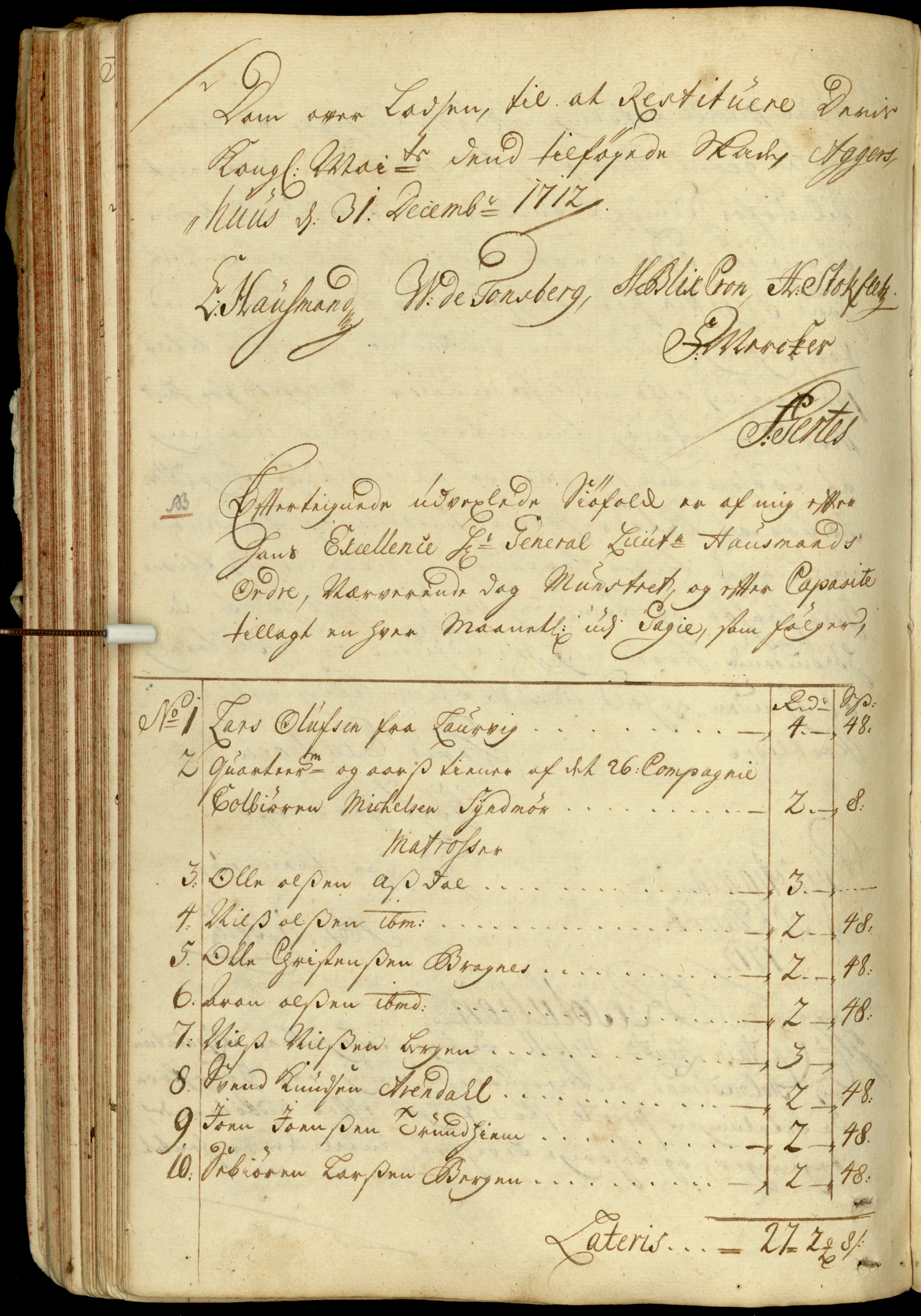 Håndskrevet mannskapsrulle fra Peter Wessels ordreprotokoll, 1712